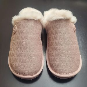 NWOT Michael Kors Janis Faux Fur-Lined Logo Jacquard Slipper
